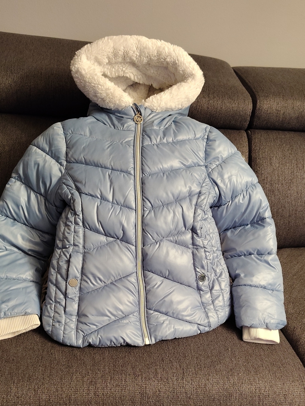 MICHAEL Michael Kors Light Blue Kids Puffer Jacket with Faux Fur Hood